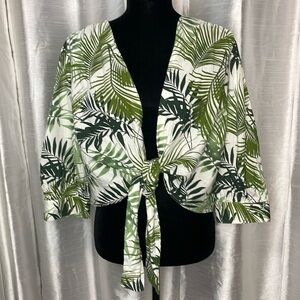 Midnight Sky Women’s Large Linen Blend Tropical Green White Tie Front Top